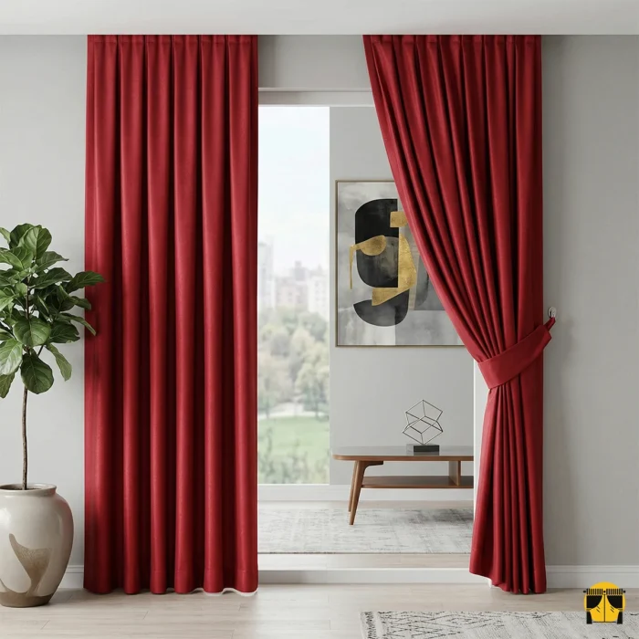 Işık ve Enerji: "Kırmızı keten tafta fon perdenin tok dokusu üzerinden yansıyan ışığın, oda içerisinde yarattığı tutkulu, sıcak ve prestijli aydınlık."