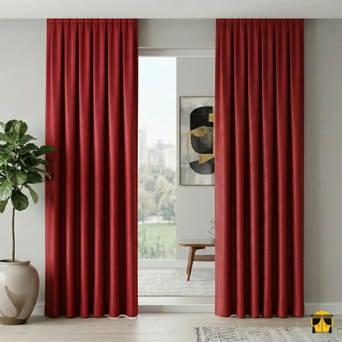 Doku Detayı: "Keten tafta dokuma teknolojisinin sağladığı gövdeli lif yapısını ve kırmızının mat-saten yüzeyini sergileyen yakın plan çekimi; pencereler için iddialı fon perde karakteri."