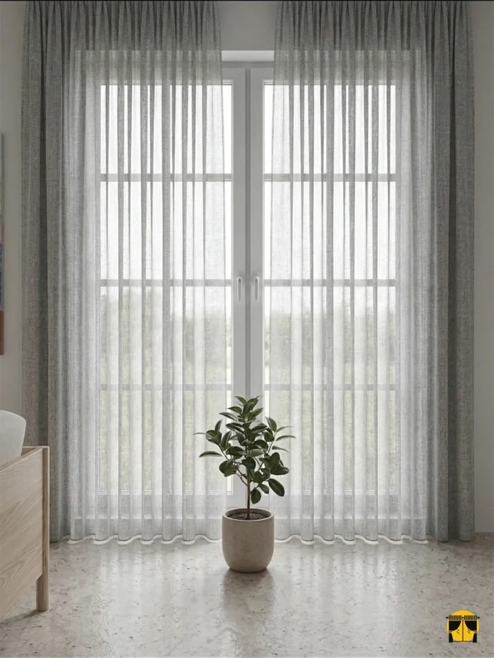 "Siyah fon perdelerle kombinlenmiş, ağır dökümü sayesinde birer mimari sütun gibi muntazam inen gümüşi gri düz tül perde sergisi."