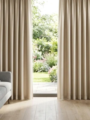 Klasik ve lüks bir salonda, gün ışığını ipeksi bir parıltıyla yansıtan pürüzsüz bej krem saten fon perde.