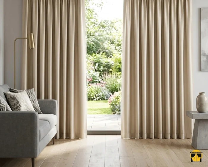 Klasik ve lüks bir salonda, gün ışığını ipeksi bir parıltıyla yansıtan pürüzsüz bej krem saten fon perde.