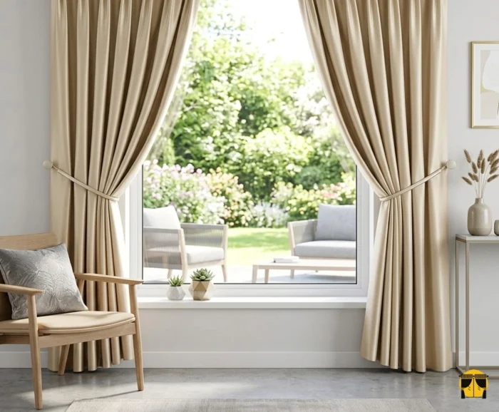 Gold detaylar ve mermer zeminle kusursuz bir uyum yakalayan, pencerelere elit bir derinlik katan parlak saten perde detay