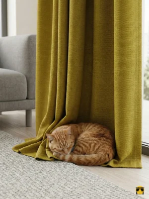 Modern-klasik bir salonda, antrasit mobilyalarla çarpıcı bir kontrast oluşturan, tok dökümlü ve mikro parıltılı hardal sarısı Diamond fon perdenin estetik duruşu