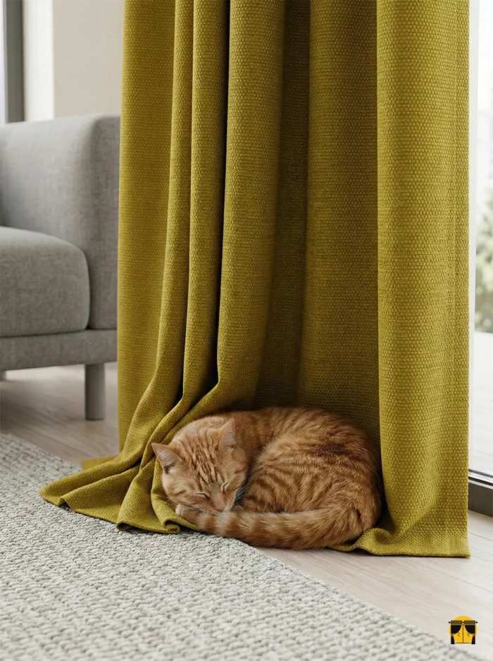 Modern-klasik bir salonda, antrasit mobilyalarla çarpıcı bir kontrast oluşturan, tok dökümlü ve mikro parıltılı hardal sarısı Diamond fon perdenin estetik duruşu