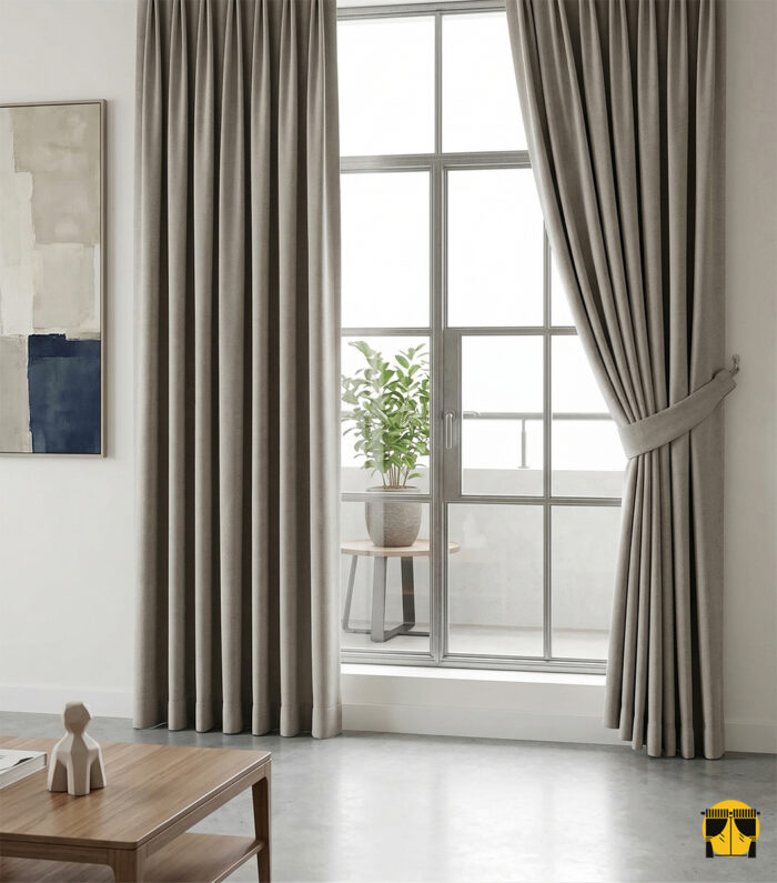 Işık ve Doku: "Bej rengi kadife dokulu fon perdenin mat yüzeyinde oluşan yumuşak ışık kırılmaları ve odaya kattığı sıcak, premium atmosfer."