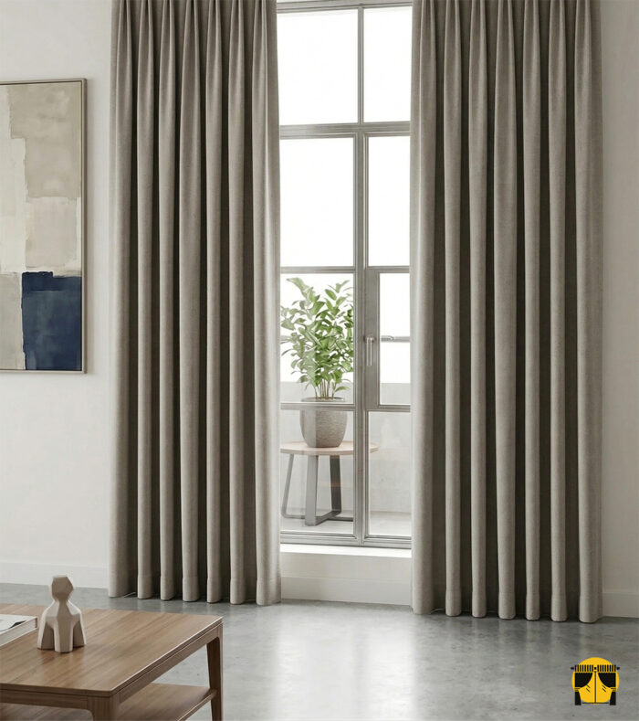 Doku Detayı: "Kadifemsi mikro tüylü yüzey yapısını ve bej tonunun ipeksi derinliğini sergileyen yakın plan çekimi; pencereler için lüks ve tok kumaş karakteri."