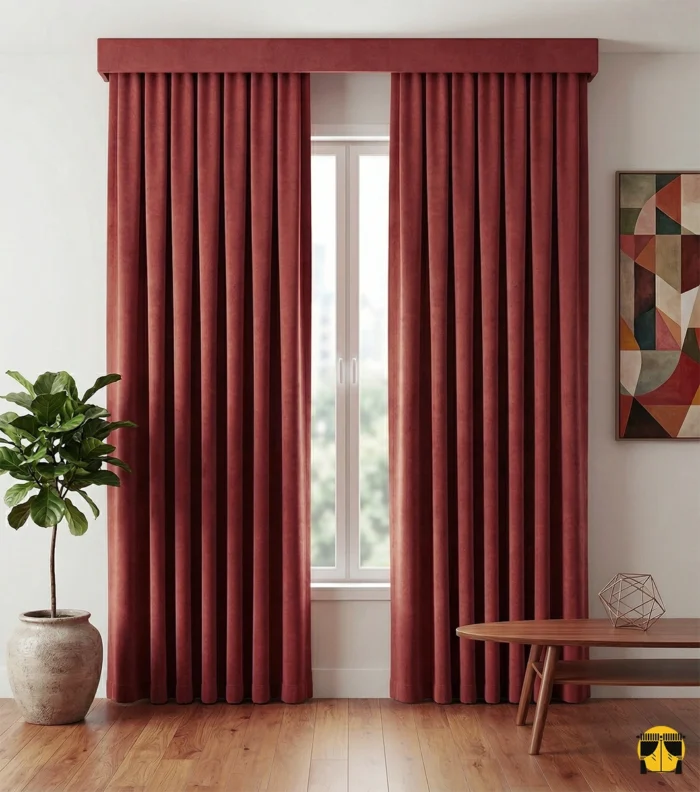 Mekan Tasarımı: "Antrasit mobilyalar ve gold aksesuarlarla dekore edilmiş modern bir salonda, pencerelere sıcak bir odak noktası katan kiremit rengi Diamond fon perde tasarımı."