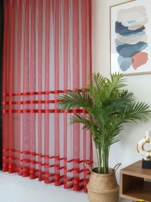 Şerit Desenli File Tül Perde - Kırmızı - Pati Dostu