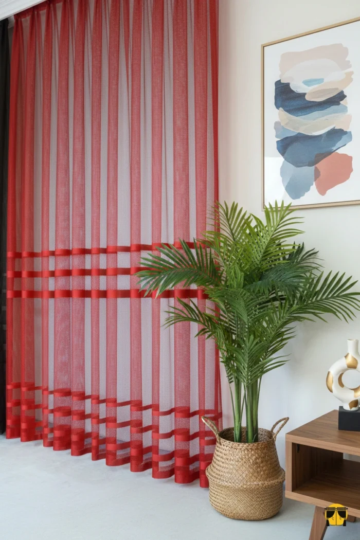 Şerit Desenli File Tül Perde - Kırmızı - Pati Dostu