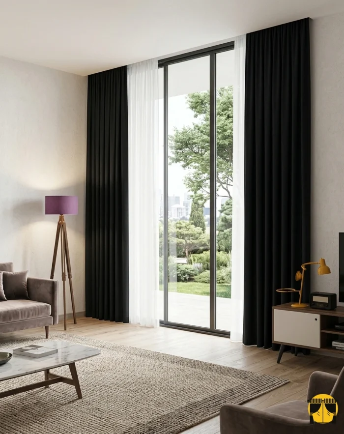 "Rodos kadifemsi Diamond siyah fon perdenin yumuşak lüks dokusu ve asil mat tonunun salonda yarattığı karizmatik, premium ve modern atmosfer."