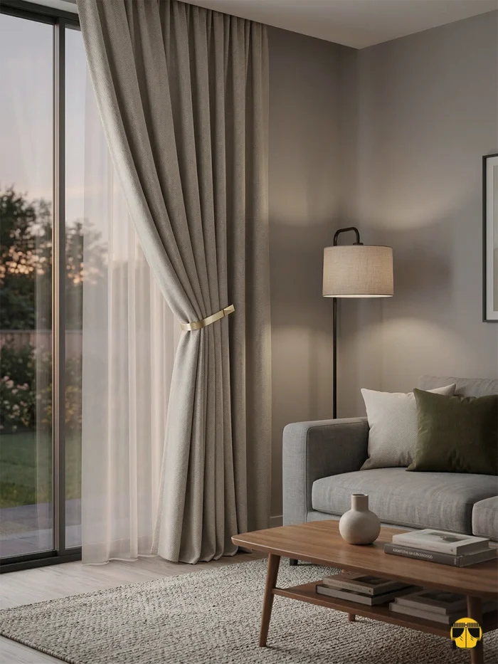 Antrasit mobilyalarla modern bir kontrast oluşturan, odayı daha ferah ve aydınlık gösteren ağır dökümlü koyu krem keten perde