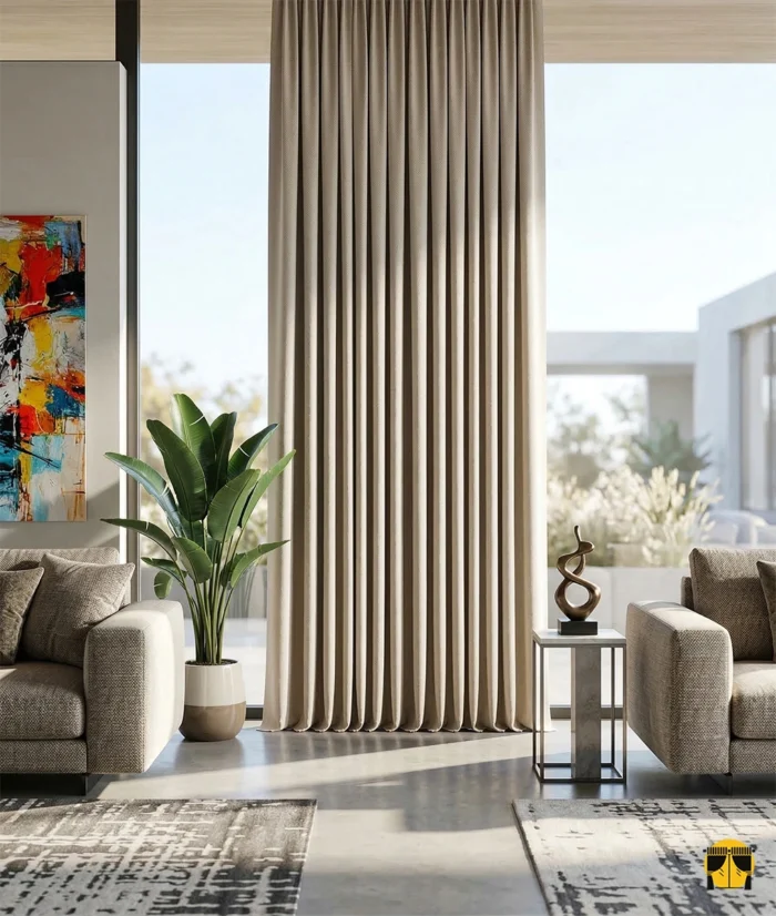 Ahşap detaylı bir salonda, ketenin ham dokusunu ve kremin sıcaklığını yansıtan, ütü gerektirmeyen şık fon perde sergisi