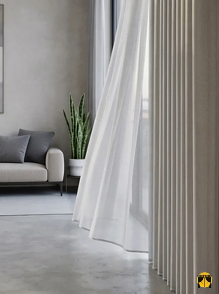 Mekan Tasarımı: "Bej koltuk takımı ve ahşap detaylarla dekore edilmiş modern bir salonda, pencerelere asalet ve sıcaklık katan sütlü kahve tül perde tasarımı."