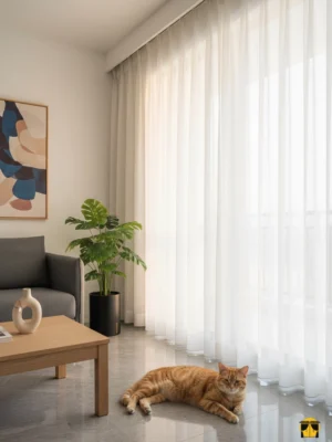 Modern bir oturma odasında, tavandan yere kadar uzanan, bej veya krem tonunda, düz dökümlü, ferah, aydınlık ve huzurlu bir atmosfer yaratan şık tül perde.