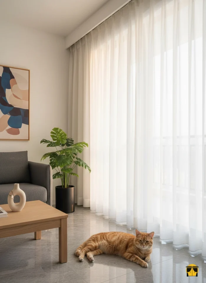 Modern bir oturma odasında, tavandan yere kadar uzanan, bej veya krem tonunda, düz dökümlü, ferah, aydınlık ve huzurlu bir atmosfer yaratan şık tül perde.