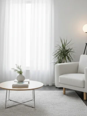 Modern bir yaşam alanında, tavandan yere kadar uzanan, krem tonunda, doğal keten dokulu, tok dökümlü ve huzurlu bir atmosfer yaratan şık Petra tül perde.