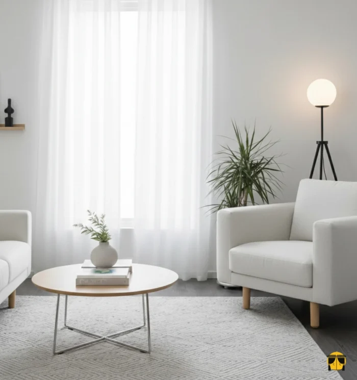 Modern bir yaşam alanında, tavandan yere kadar uzanan, krem tonunda, doğal keten dokulu, tok dökümlü ve huzurlu bir atmosfer yaratan şık Petra tül perde.