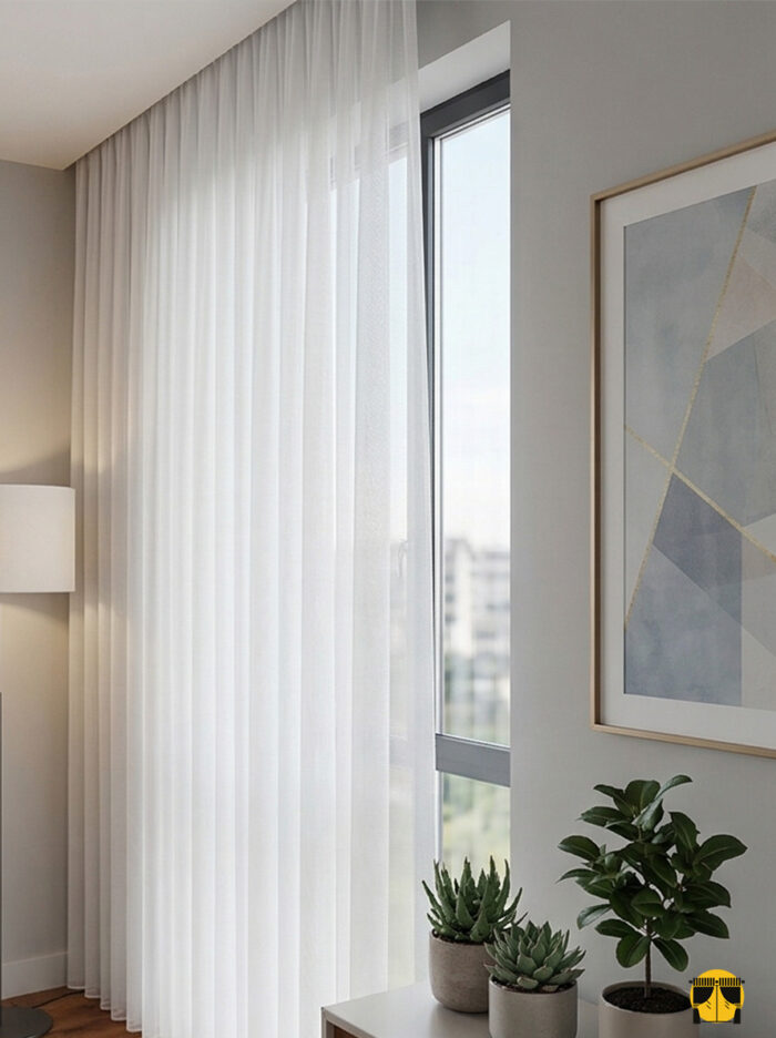 Duruş ve Estetik: "Kırışmaya dayanıklı yapısı ve ütü gerektirmeyen rüstik dokusuyla salonlar için ideal, kaliteli Petra krem tül perde detayı."