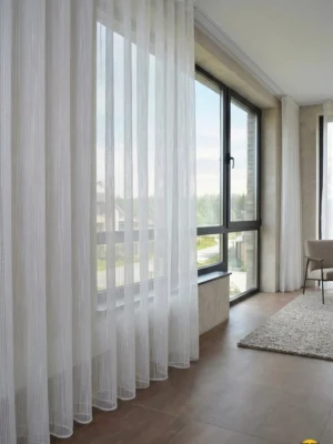 Ağır dökümü sayesinde rüzgarda formunu bozmayan, dikey çizgileriyle jilet gibi duran ve ütü gerektirmeyen kaliteli kırık beyaz tül perde."