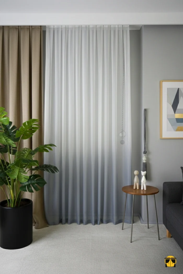 Tavandan yere kadar uzanan, yukarıdan aşağıya doğru beyazdan koyu griye yumuşak bir geçiş (degrade) yapan, modern ve şık tül perde.