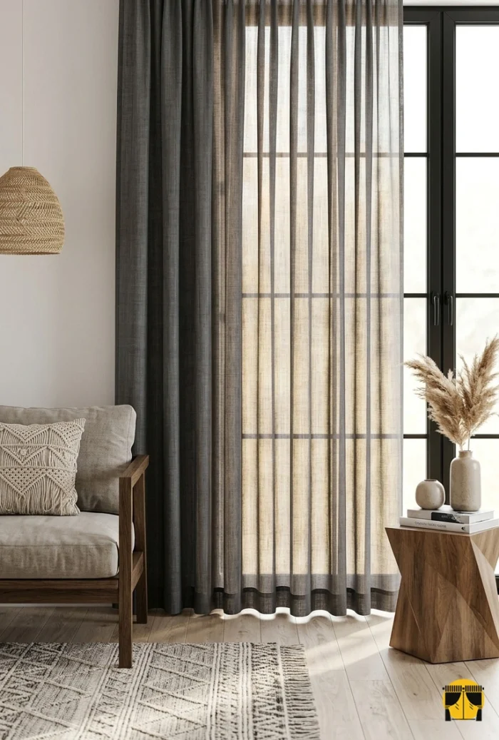 Modern bir salonda, gün ışığını dumanlı bir gri filtreyle süzerek içeri alan, belirgin keten dokusuna sahip Tire serisi tül perde