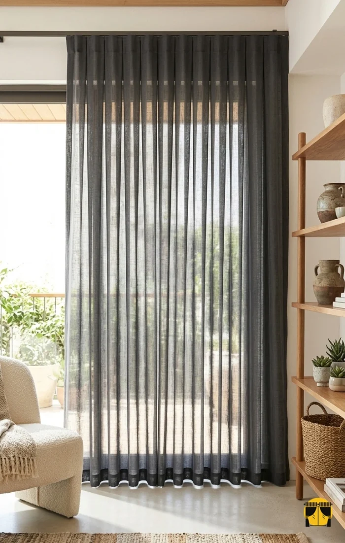 iyah rustik detaylarla kusursuz bir uyum yakalayan, pencerelere rüstik bir derinlik ve modern bir karakter katan mat duman gri keten tül.