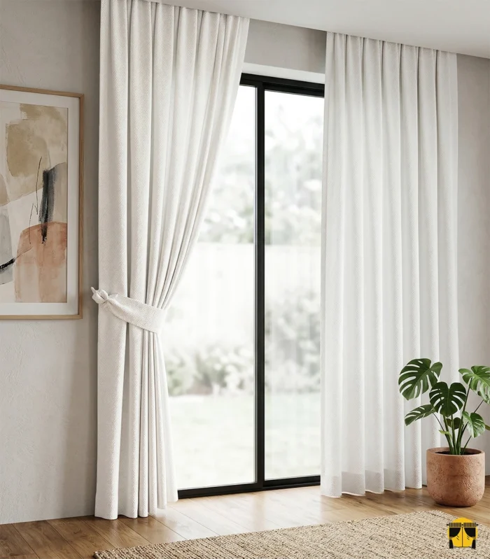 "Yüksek kaliteli dokuma teknolojisiyle üretilmiş açık krem tonundaki pürüzsüz fon perde kumaşını ve dökümlü yapısını sergileyen yakın plan."