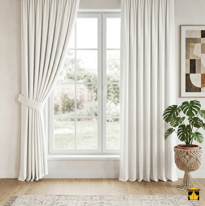 "Açık krem fon perdenin ipeksi dökümü ve inci tonlarındaki mat yüzeyinin, salon dekorasyonuna kattığı asil ve sıcak atmosfer."