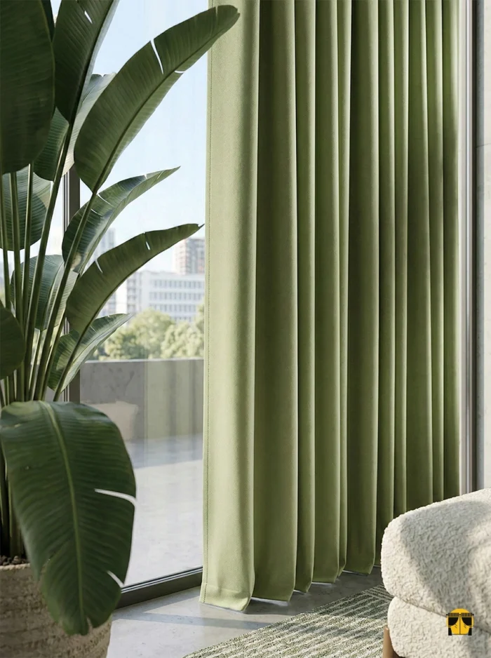 Aydınlık bir çocuk odasında veya yatak odasında, gün ışığını tamamen bloke ederek huzurlu bir bahar atmosferi yaratan dökümlü açık yeşil blackout fon perde