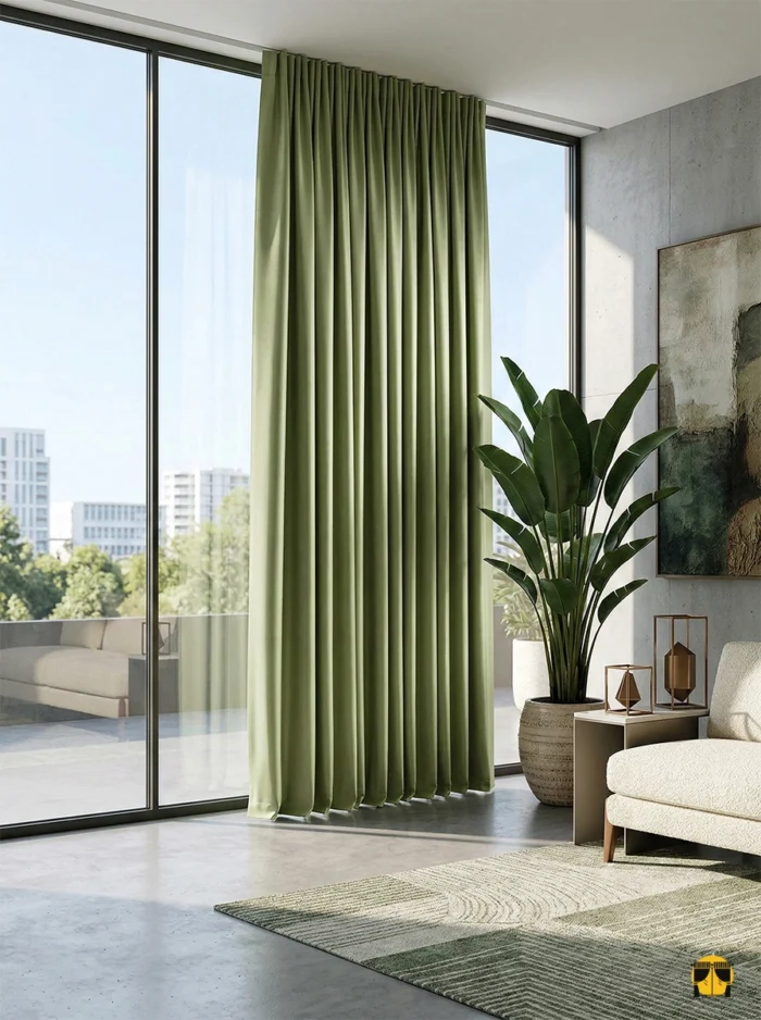 Beyaz mobilyalarla ferah bir kontrast oluşturan, pencerelere hem termal yalıtım hem de taze bir karakter kazandıran mat dokulu açık yeşil karartma perde
