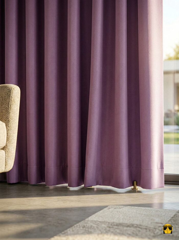 Gri mobilyalarla asil bir uyum yakalayan, pencerelere karizmatik bir çerçeve ve tam mahremiyet kazandıran ağır yapılı mor karartma perde sergisi.