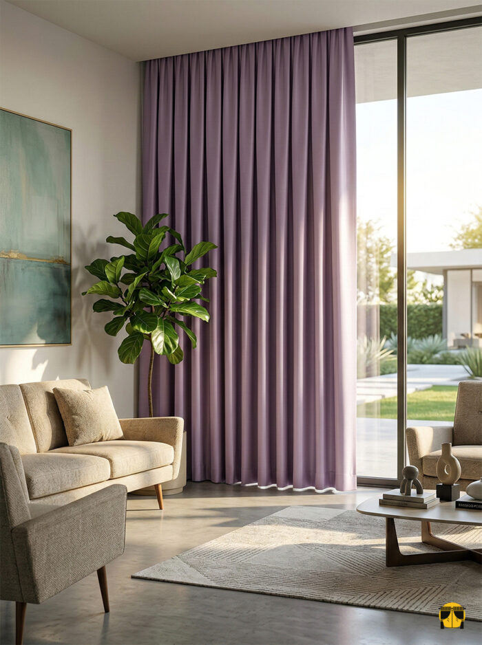 Güneş ışığını tamamen engelleyerek huzurlu bir uyku ortamı yaratan, tok dökümlü ve mat yüzeyli mor blackout fon perde detayı