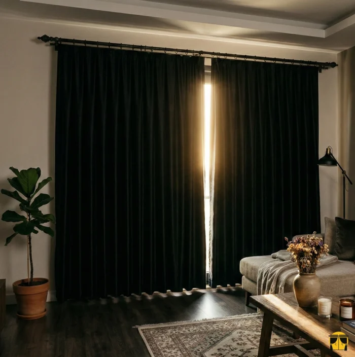 Teknik kumaş yapısıyla güneş ışığını tamamen bloke eden, mat ve ağır dökümlü siyah karartma perdenin şık ve fonksiyonel duruşu