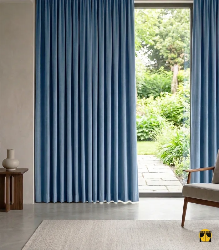 Beyaz mobilyalar ve gümüş aksesuarlarla dekore edilmiş modern bir salonda, pencerelere tazeleyici bir odak noktası katan açık mavi fon perde tasarımı