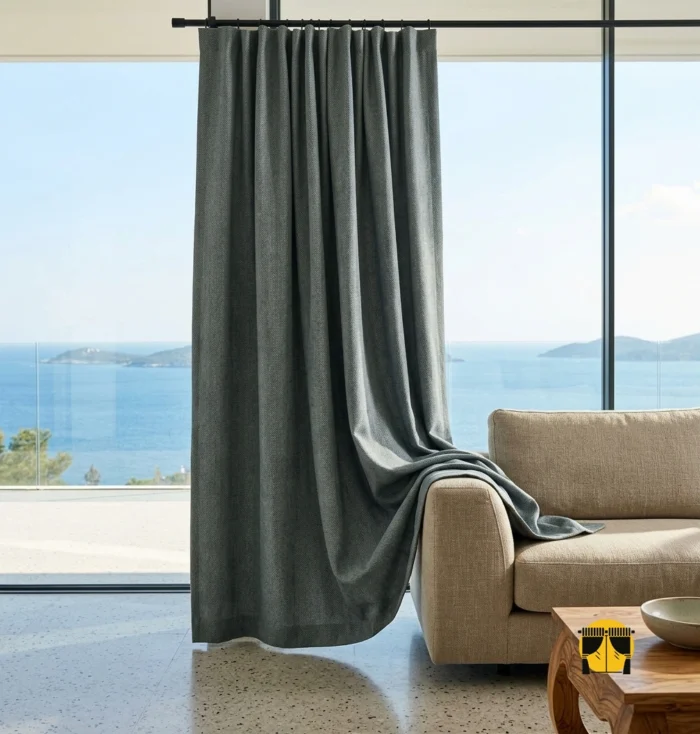 "Loft mavi denim fon perdenin kalın ham kot dokusu ve modern mavi tonunun salonda yarattığı rafine, sıcak ve endüstriyel atmosfer."