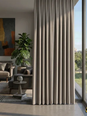 Modern bir oturma odasında, ön yüzü sakin gri tonunda, kenar kıvrımlarından ise vişne kırmızısı astarı gözüken, gün ışığını %100 bloke eden çift taraflı (duble) blackout fon perde.