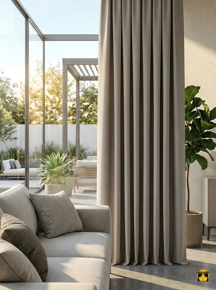 Lüks bir yatak odasında, vişne kırmızısının dramatik ve sıcak etkisini yansıtan, kalın dokusuyla tam ısı ve ses yalıtımı sağlayan mat yüzeyli çift taraflı karartma perde sergis