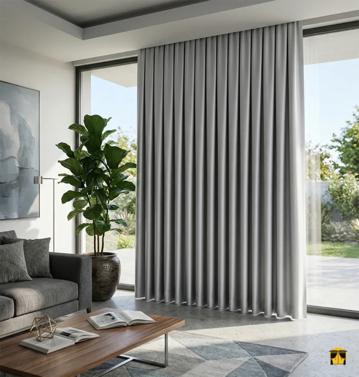 Modern bir yatak odasında, krom detaylı mobilyalarla eşleşen ve odayı bir sinema salonu sessizliğine büründüren dökümlü gümüş gri karartma perde detayı