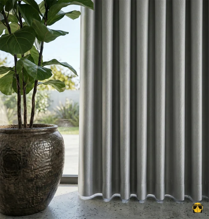 Çift taraflı dokusu sayesinde dış cepheden de kusursuz görünen, güneş ışığını %100 bloke eden ağır yapılı gümüş gri duble blackout fon perde