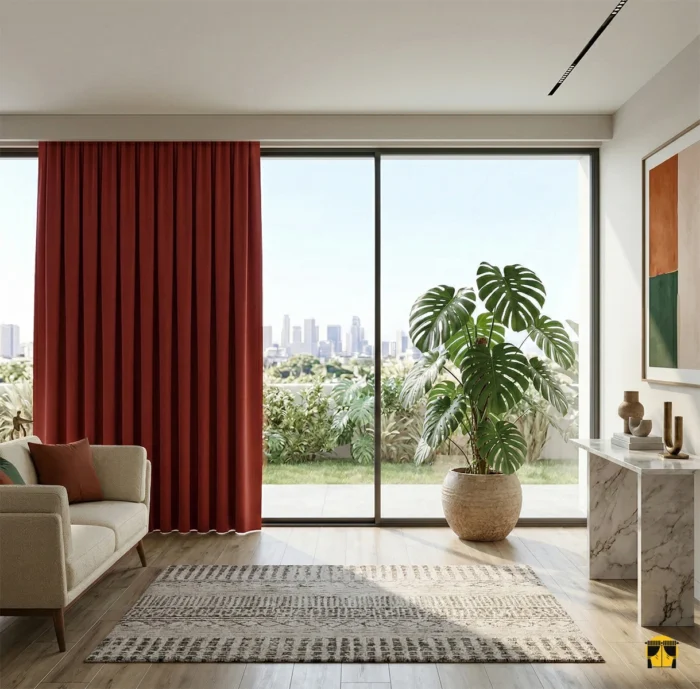 Antrasit duvarlarla çarpıcı bir uyum yakalayan, ekran parlamasını önleyerek ev sineması konforu sunan mat dokulu kiremit karartma perde detayı