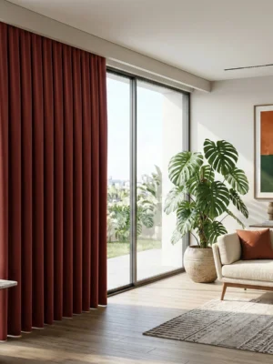 Bohem tarzda bir yatak odasında, güneş ışığını tamamen bloke eden ve toprak tonlarının sıcaklığını pencerelere taşıyan tok dökümlü kiremit rengi blackout perde