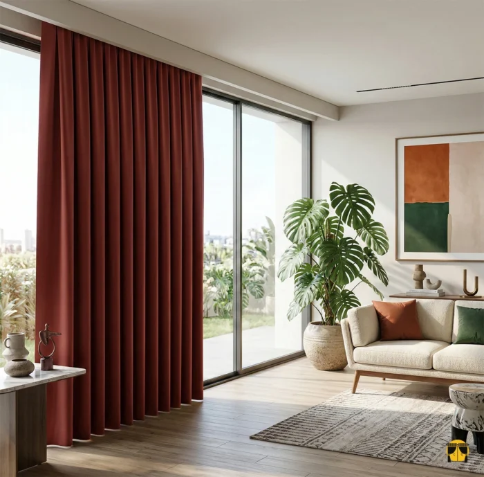 Bohem tarzda bir yatak odasında, güneş ışığını tamamen bloke eden ve toprak tonlarının sıcaklığını pencerelere taşıyan tok dökümlü kiremit rengi blackout perde