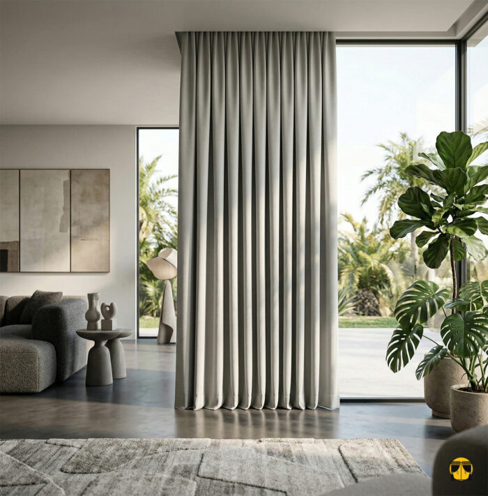 Modern bir yatak odasında, güneş ışığını tamamen bloke ederek huzurlu bir uyku ortamı yaratan, tok dökümlü ve mat kahverengi blackout fon perde