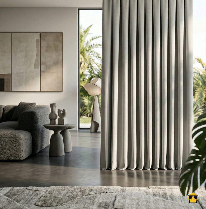 Krem mobilyalarla doğal bir kontrast oluşturan, pencerelere hem ısı yalıtımı hem de karakter kazandıran ağır yapılı kahverengi karartma perde