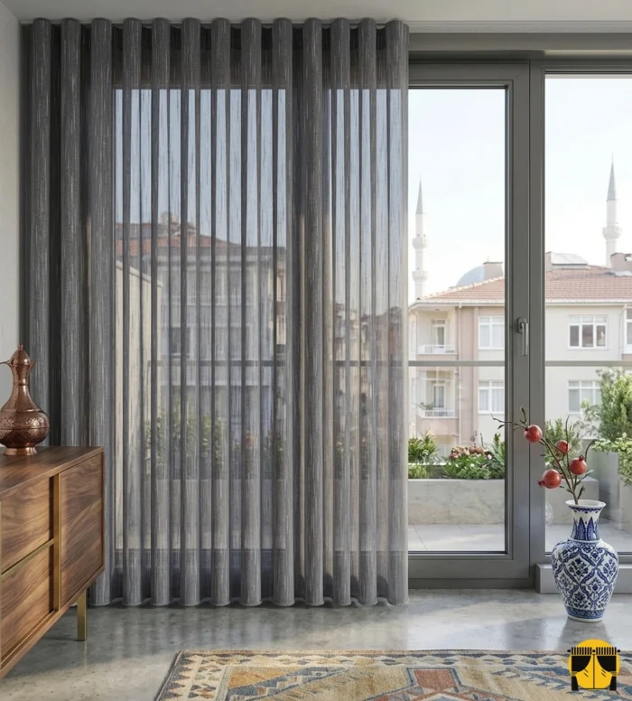 Lineto Gri  Keten Tül Perde Eskiz Desenli