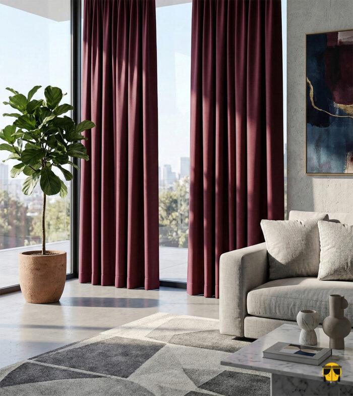 Modern bir salonda, vişne çürüğünün asaletini yansıtan, arka yüzündeki gri katman sayesinde dışarıdan da şık görünen duble blackout karartma perde