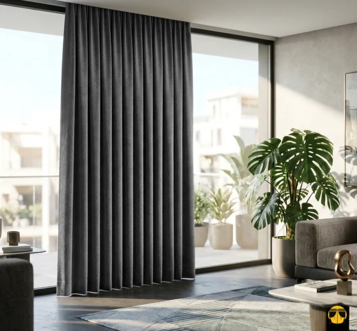 Gold aksesuarlar ve beyaz tüllerle zenginleştirilmiş, pencerelere hem ses yalıtımı hem de saray şıklığı katan gri kadife karartma perde sergisi