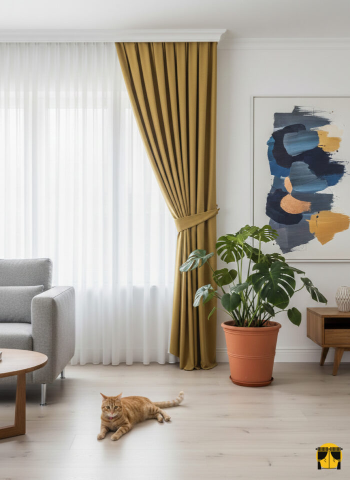 Karartma fon perde hardal sarısı renkte