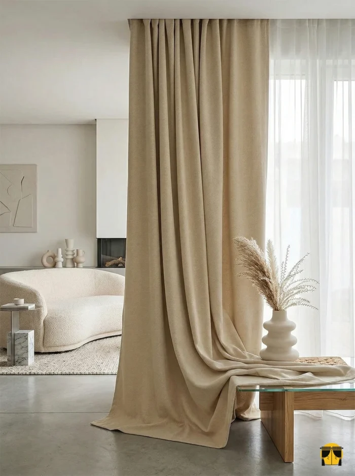 Güneşin vurduğu noktalarda hafifçe parıldayan, elmas dokulu koyu krem fon perdenin yarattığı sofistike ve lüks salon görünümü