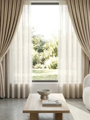 Koyu krem renginde salon için fon perde